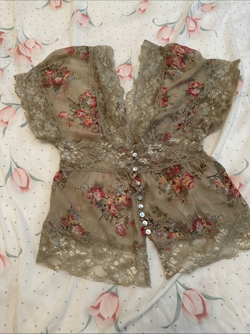 Floral Lace Button-Front Sheer Blouse — Pink & Taupe